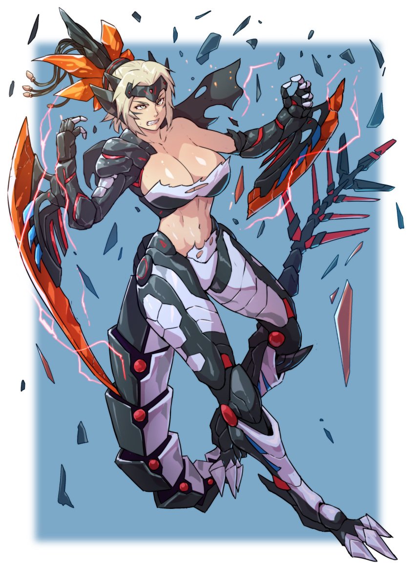 armor armored_bodysuit black_armor black_bodysuit blonde_hair bodysuit breasts broken_armor cirenk dinomorphia_kentregina dinosaur_girl duel_monster female hand_up headgear mechanical_tail short_hair tail torn_clothes yu-gi-oh!