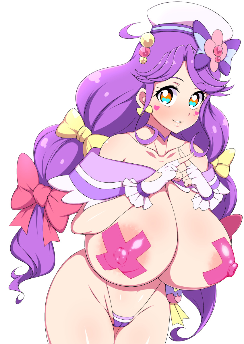 1girls aged_up big_breasts bow cure_coral curvaceous curvy female gigantic_breasts hair_ornament hair_ribbon heart heart_eyes jabara_tornado large_breasts magical_girl multicolored_eyes panties precure pretty_cure purple_hair sailor_hat smile tagme taped_nipples tropical-rouge!_precure twintails white_background