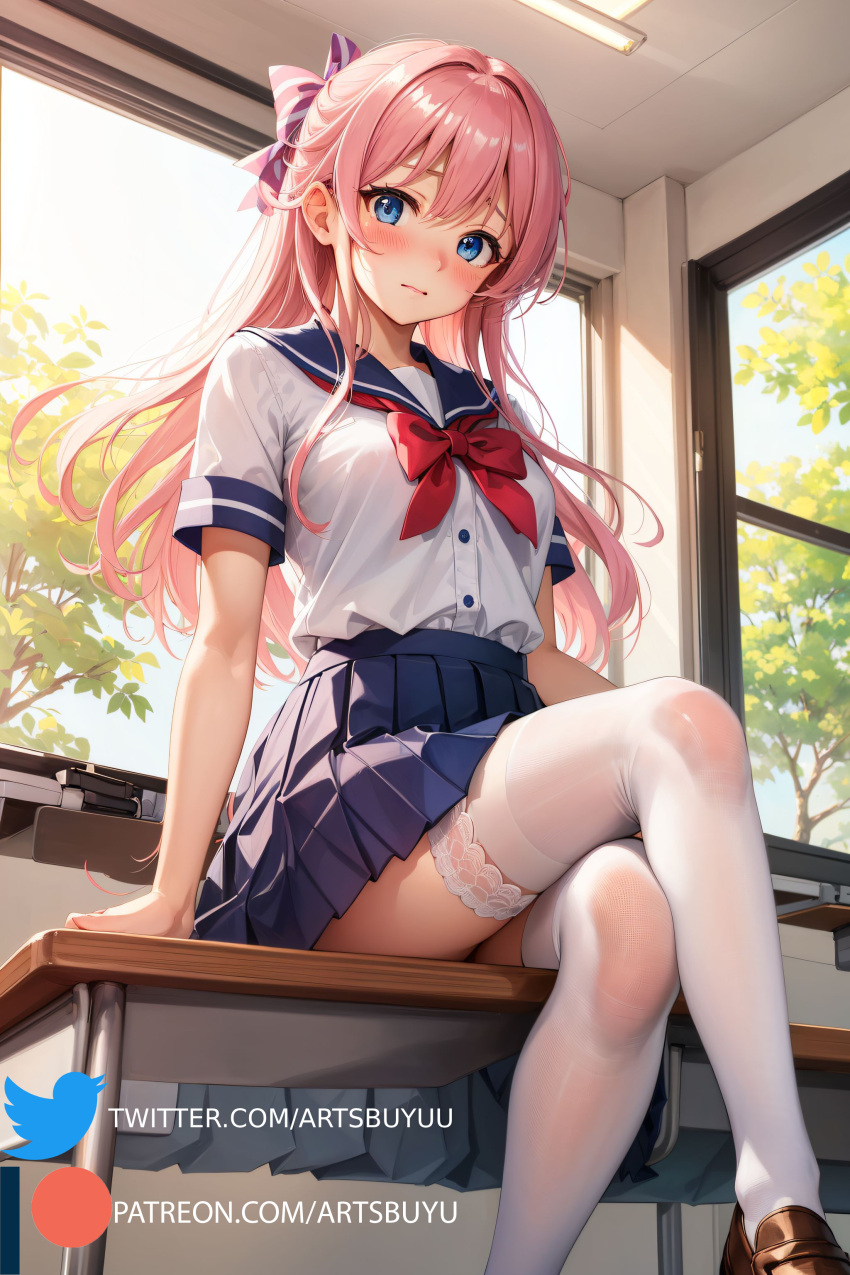 1girls ai_generated artsbuyu bangs blue_eyes blue_skirt blush bowtie closed_mouth crossed_legs embarrassed from_below hair_between_eyes hair_ribbon haramura_nodoka hi_res legwear loafers long_hair looking_at_viewer looking_down medium_breasts on_desk pink_hair pink_ribbon saki school_uniform schoolgirl serafuku sitting skirt stable_diffusion thighhighs white_legwear white_shirt white_thighhighs