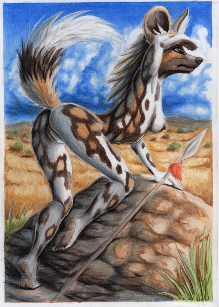 2023 african_wild_dog anthro ass breasts canid canine cloud colored_pencil feet female genitals grass hi_res hunting looking_away mammal melee_weapon multicolored_body nipples outside plant plantigrade polearm presenting presenting_hindquarters pussy rock side_boob sky solo spear syntech traditional_media_(artwork) weapon