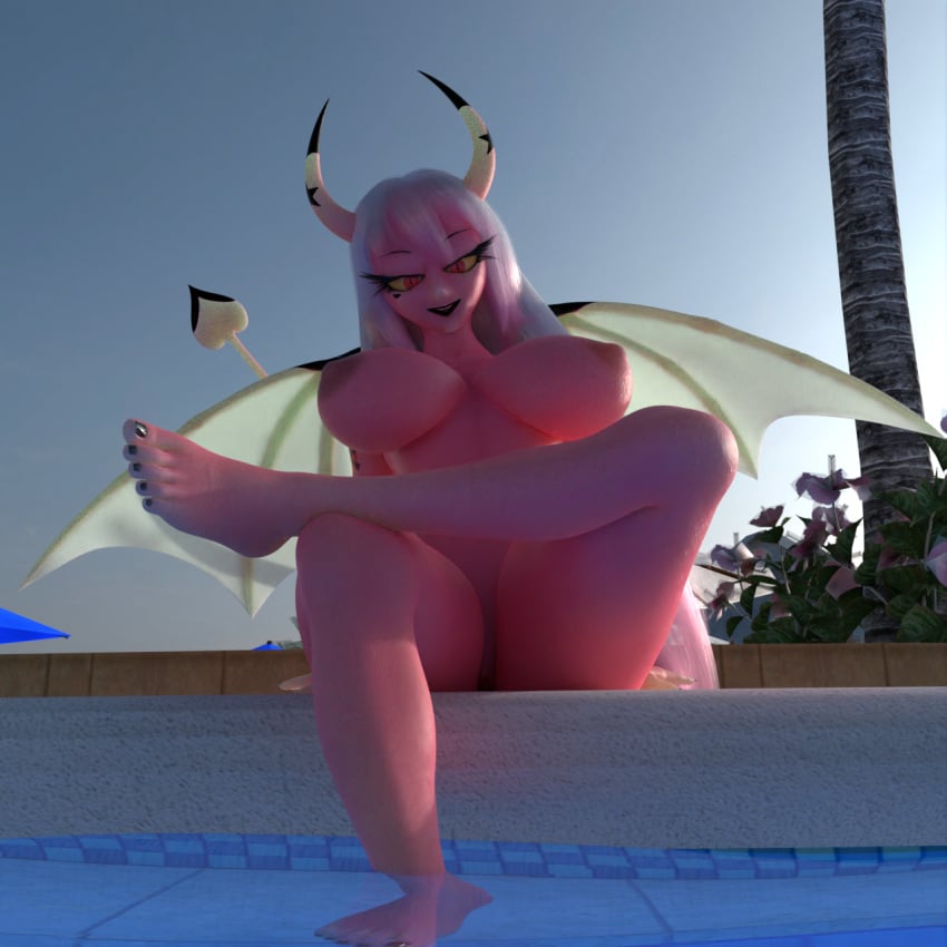 3d barely_visible_pussy big_breasts blender_(software) blender_cycles breasts demon demon_humanoid elitedog female helluva_boss hi_res humanoid looking_at_viewer mature_female nude pool pussy smile succubus thick_thighs verosika verosika_mayday_(helluva_boss) wings