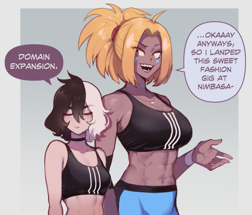 2girls abs adidas black_hair blonde_hair breast_envy breast_size_difference breasts dark-skinned_female dark_skin english_text female hi_res jules_jagger_(nyantcha) large_breasts light-skinned_female light_skin long_hair medium_breasts medium_support_(meme) meme midriff original png short_hair sports_bra sportswear thiccwithaq two_tone_hair white_hair yorra_villeneuve