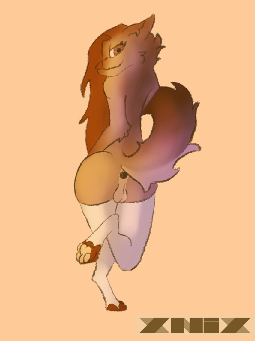 absurd_res anal anthro balls biped brown_body brown_fur buttplug canid canine character clothing digital_media_(artwork) feet fur furry girly hi_res invalid_tag legwear male mammal paws plug_(sex_toy) sex_toy simple_background solo stockings tail xnix