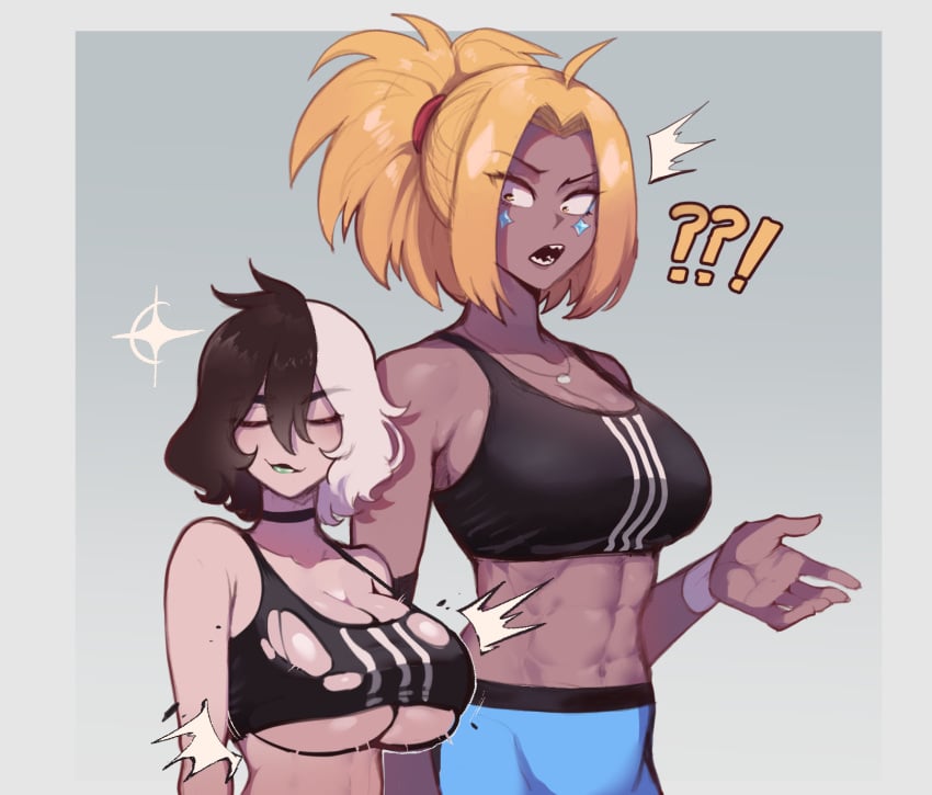 2girls ??! abs adidas black_hair blonde_hair breast_envy breast_expansion breast_size_difference breasts dark-skinned_female dark_skin female hi_res jules_jagger_(nyantcha) large_breasts light-skinned_female light_skin long_hair medium_breasts medium_support_(meme) meme midriff multiple_girls original original_character png short_hair sports_bra sportswear thiccwithaq torn_clothing two_tone_hair underboob white_hair yorra_villeneuve