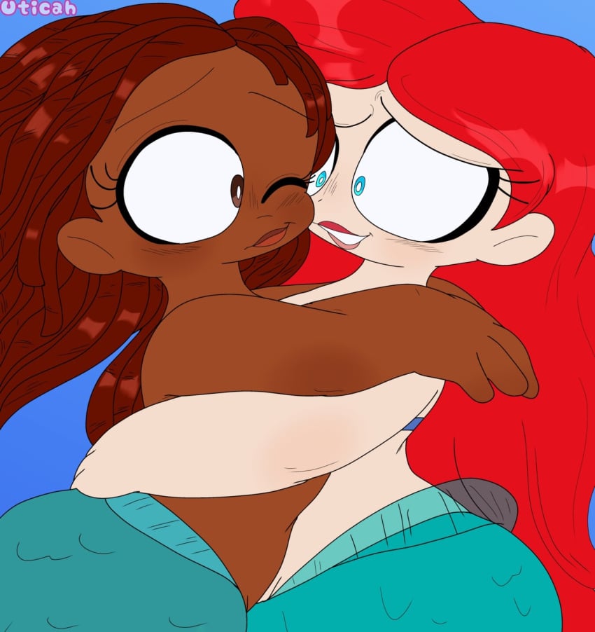 2girls ariel ariel_(halle_bailey) blue_eyes brown_eyes brown_hair brown_skin chocolate_and_vanilla dark-skinned_female dark_skin disney disney_princess duplicated_character hugging jpeg light-skinned_female light_skin lips lipstick mermaid nervous nervous_smile red_hair red_lipstick shell_bikini smile square_crossover the_little_mermaid the_little_mermaid_(2023) underwater water wide_eyed