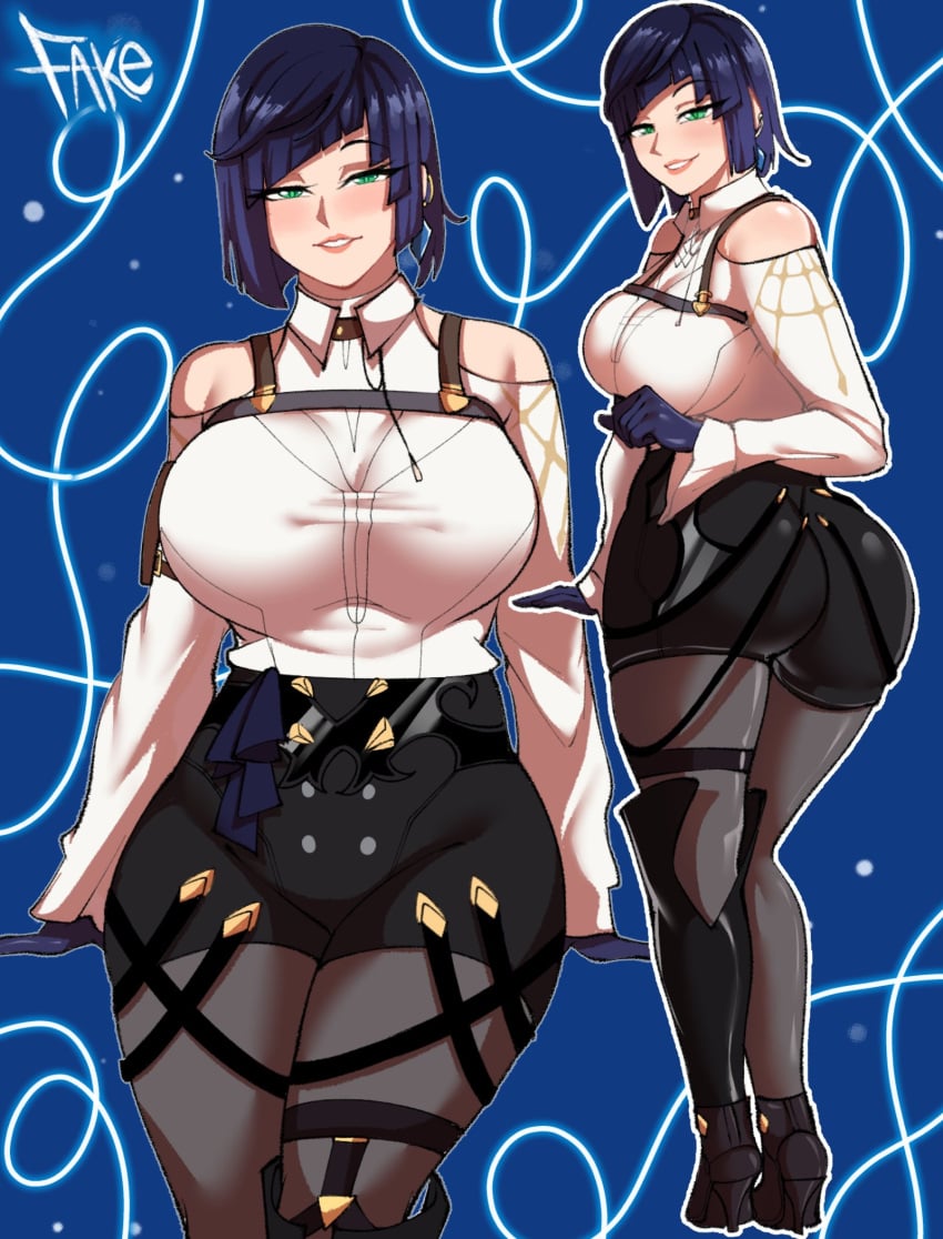 1girls ass blue_hair breasts clothed clothed_female cosplay dat_ass fake_(artist) female genshin_impact green_eyes hips honkai:_star_rail honkai_(series) huge_ass huge_breasts kafka_(honkai:_star_rail)_(cosplay) light_skin outfit_swap short_hair thick_thighs thighs wide_hips yelan_(genshin_impact)