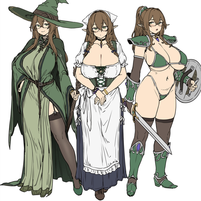 1girls bikini_armor brown_haired_glasses_elf_(houtengeki) curious elf elf_female female green_eyes happy houtengeki magical_girl maid milf mommy mother shield smile sword tagme witch witch_hat