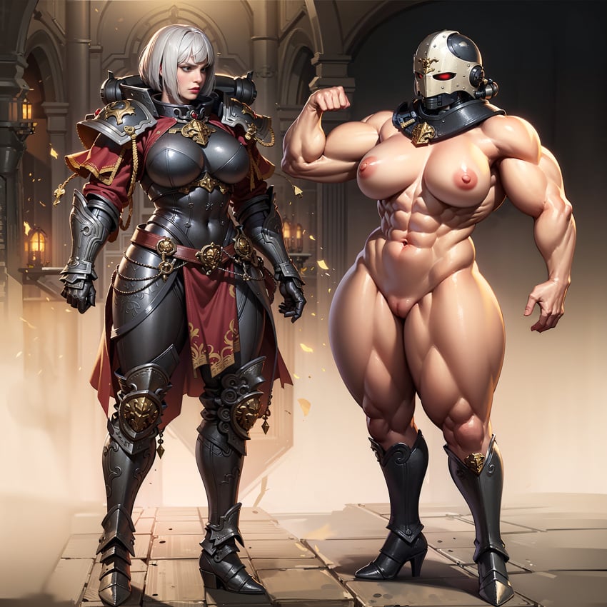 2girls abs adepta_sororitas ai_generated armored_female flexing_bicep imperium_of_man knoworai large_breasts muscular_female short_hair sister_of_battle unconvincing_armor warhammer_(franchise) warhammer_40k white_hair