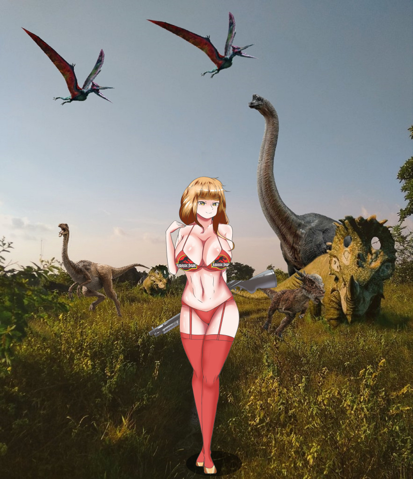 1girls big_breasts brachiosaurus ceratopsian claire_dearing creature dinosaur gallimimus jurassic_park jurassic_world looking_at_viewer milf pachycephalosaurid pervert plain_background pterosaur red_bikini red_hair red_lingerie short_hair smile tagme yellow_eyes