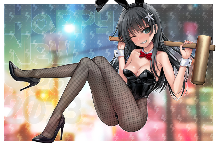 1girls 2020s 2023 40010prototype animal_ears black_footwear black_hair black_leotard blush bow bowtie breasts bunnysuit chinese_zodiac cleavage crossed_legs detached_collar fake_animal_ears female fishnet_pantyhose fishnets flower full_body grey_eyes grin hair_flower hair_ornament happy_new_year hi_res high_heels highleg highleg_leotard holding holding_mallet kine leotard light-skinned_female light_skin long_hair looking_at_viewer mallet new_year one_eye_closed pantyhose patterned_background playboy_bunny rabbit_ears red_bow red_bowtie saten_ruiko small_breasts smile solo strapless strapless_leotard teenage_girl teenager teeth to_aru_kagaku_no_railgun to_aru_majutsu_no_index wrist_cuffs year_of_the_rabbit young