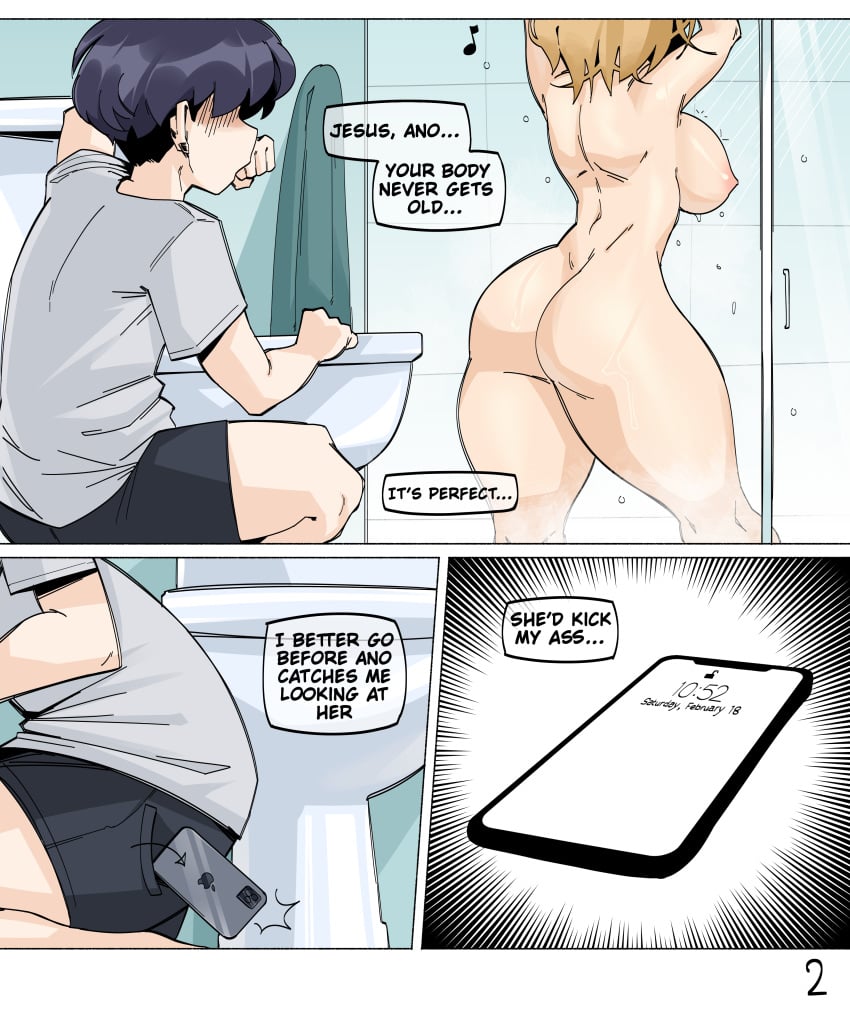 1boy 1girls ano_(anor3xia) anor3xia ass backboob bathroom comic english_text finn_(ngcc) iphone light-skinned_female light-skinned_male light_skin page_2 phone shower showering sideboob text thick_thighs thighs toilet watching