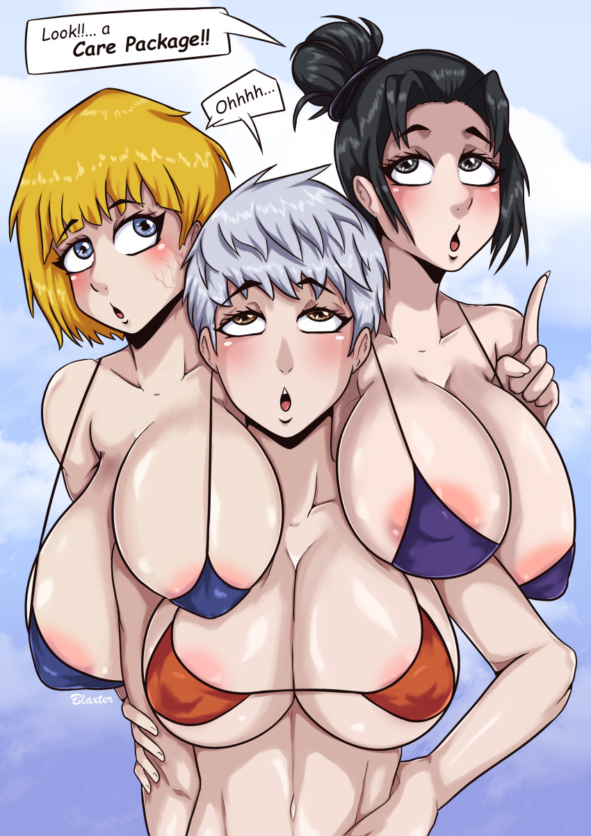 apex_legends big_breasts bikini black_eyes black_hair blaxter blonde_hair blue_eyes breasts brown_eyes female_only girls green_hair huge_breasts light_skin multiple_girls tagme valkyrie_(apex_legends) wattson_(apex_legends) white_skin wraith_(apex_legends)