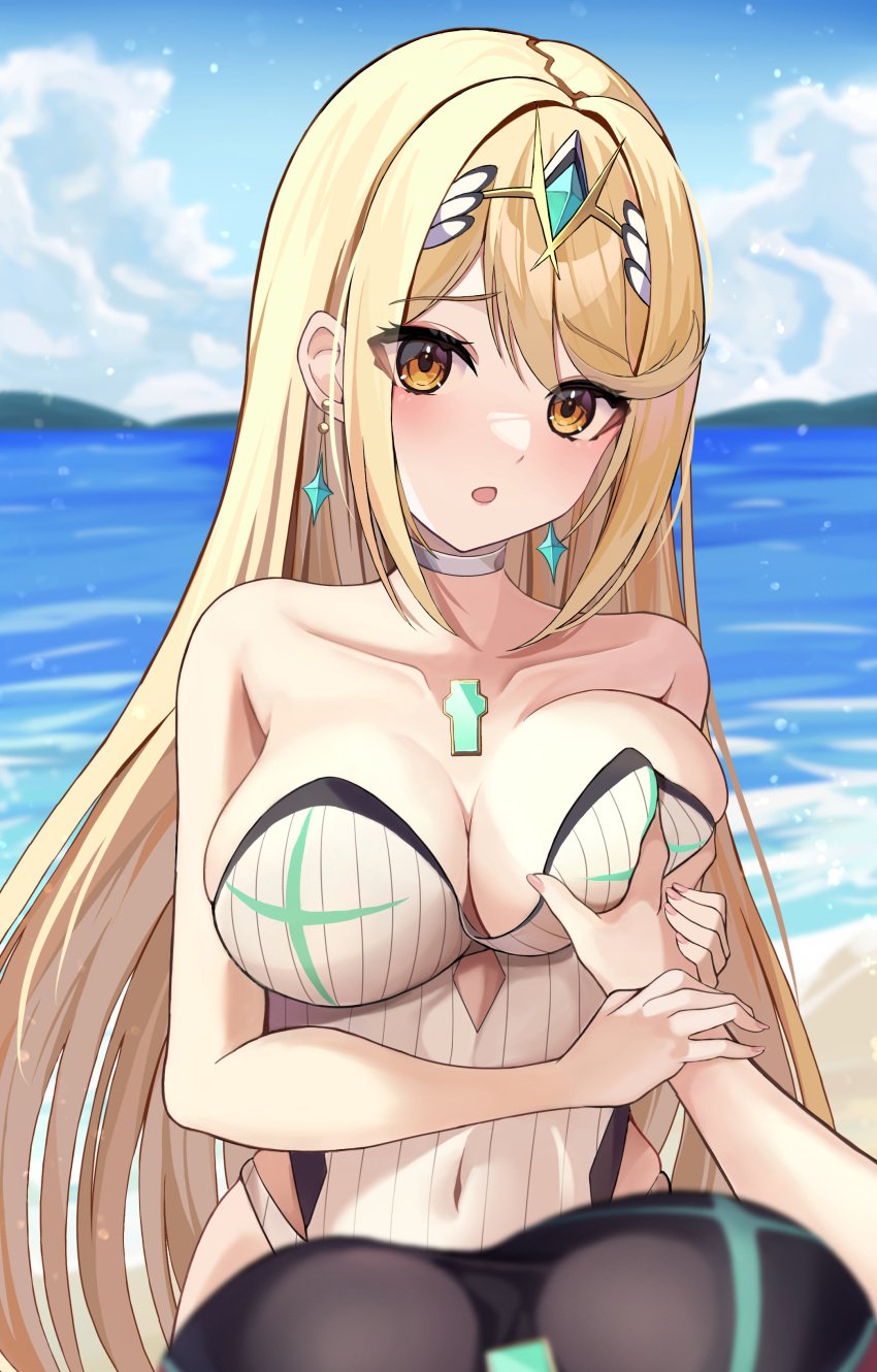 2020s 2023 2girls :o absurd_res bare_shoulders blonde_hair blush breasts chest_jewel cleavage core_crystal covered_navel earrings female female_pov gem grabbing grabbing_another's_breast groping guided_breast_grab guiding_hand hair_ornament headpiece hi_res jewelry kaede_(maple4rt) large_breasts light-skinned_female light_skin long_hair looking_at_viewer multiple_girls mythra one-piece_swimsuit open_mouth outdoors pov pyra strapless strapless_swimsuit swept_bangs swimsuit tiara very_long_hair white_one-piece_swimsuit xenoblade_(series) xenoblade_chronicles_2 yellow_eyes yuri