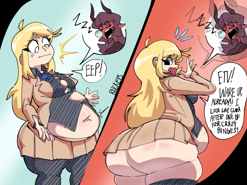 2girls artist_name ass belly belly_button belly_overhang big_ass big_belly blonde_hair breasts bucketsfa demon demon_girl demon_horn dialogue dotodonoto emilia_von_schleuse english_text esse_ter_vigilia fat long_hair multiple_girls navel no_panties nose_bubble sleep_bubble sleeping some_bullshit speech_bubble text weight_gain zzz