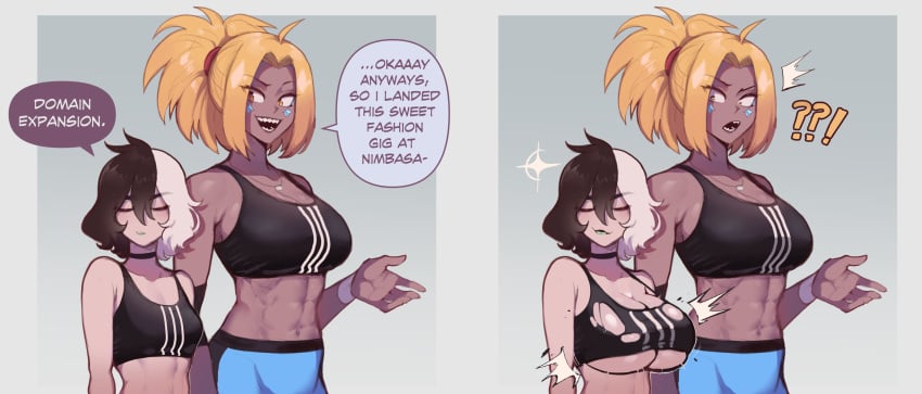 2girls 2koma abs adidas black_hair blonde_hair breast_envy breast_expansion breast_size_difference breasts dark-skinned_female dark_skin dialogue english_text envy female hi_res jealous large_breasts light-skinned_female light_skin long_hair medium_breasts medium_support_(meme) midriff original original_character png short_hair smug smug_face sports_bra sportswear thiccwithaq two_tone_hair white_hair yorra_villeneuve