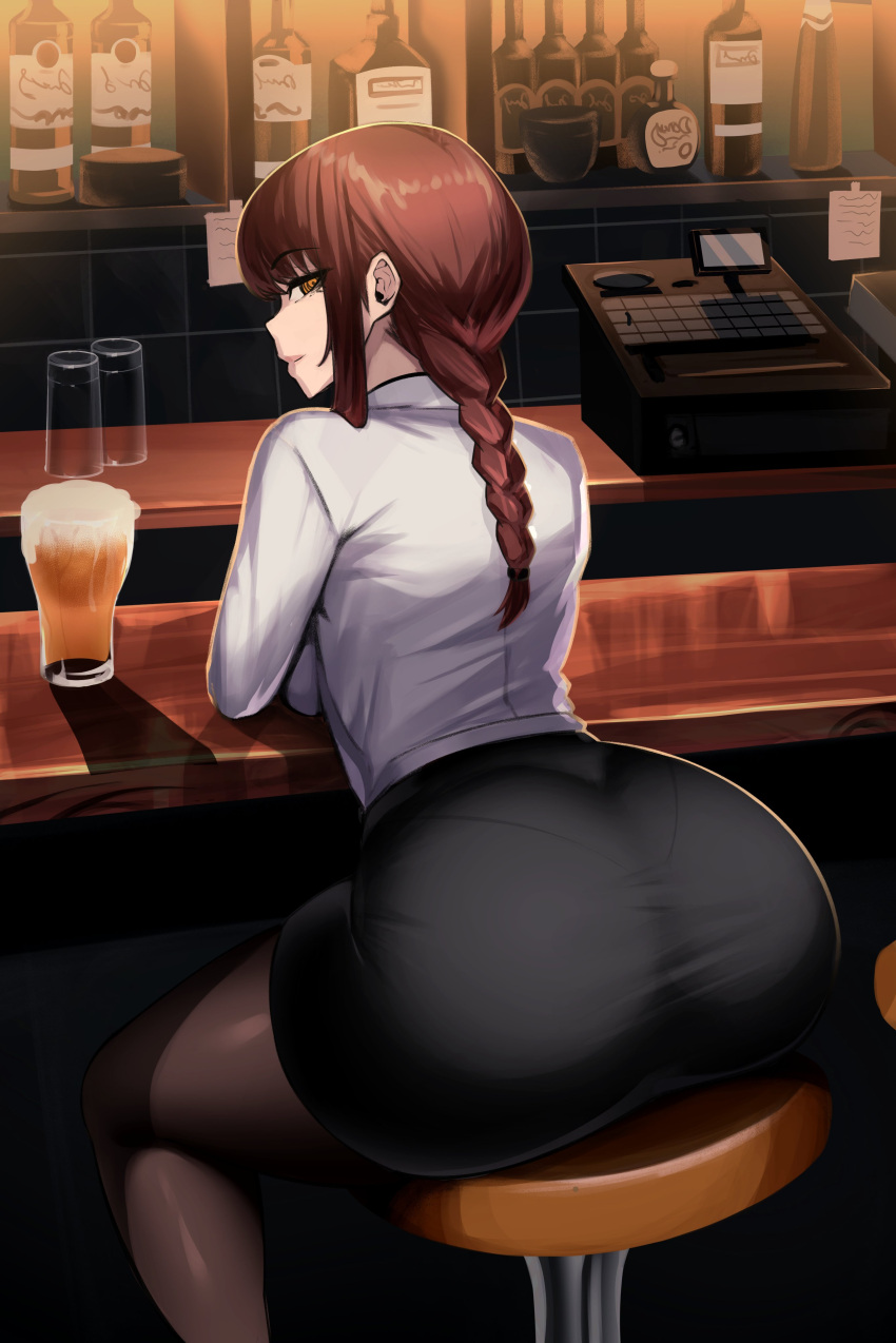 1girls ass ass_bigger_than_head ass_focus big_ass big_breasts black_skirt bottom_heavy braid braided breasts chainsaw_man close-up collared_shirt curvy from_behind huge_ass makima_(chainsaw_man) niflheim_(artist) panties_visible_through_clothing pantylines ponytail shirt sitting skirt thick_ass voluptuous