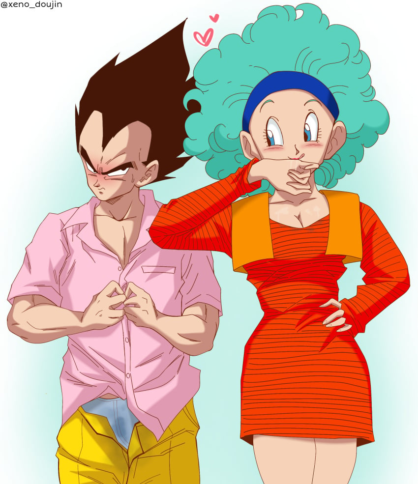 afro after_oral after_sex black_hair blue_eyes blush bulma_(afro) bulma_briefs clothed_after_sex curly_hair dragon_ball dragon_ball_super dragon_ball_z dress dressing embarrassed female male muscular muscular_male saiyan shirt simple_background tagme tsundere vegeta wet_panties xeno_doujin