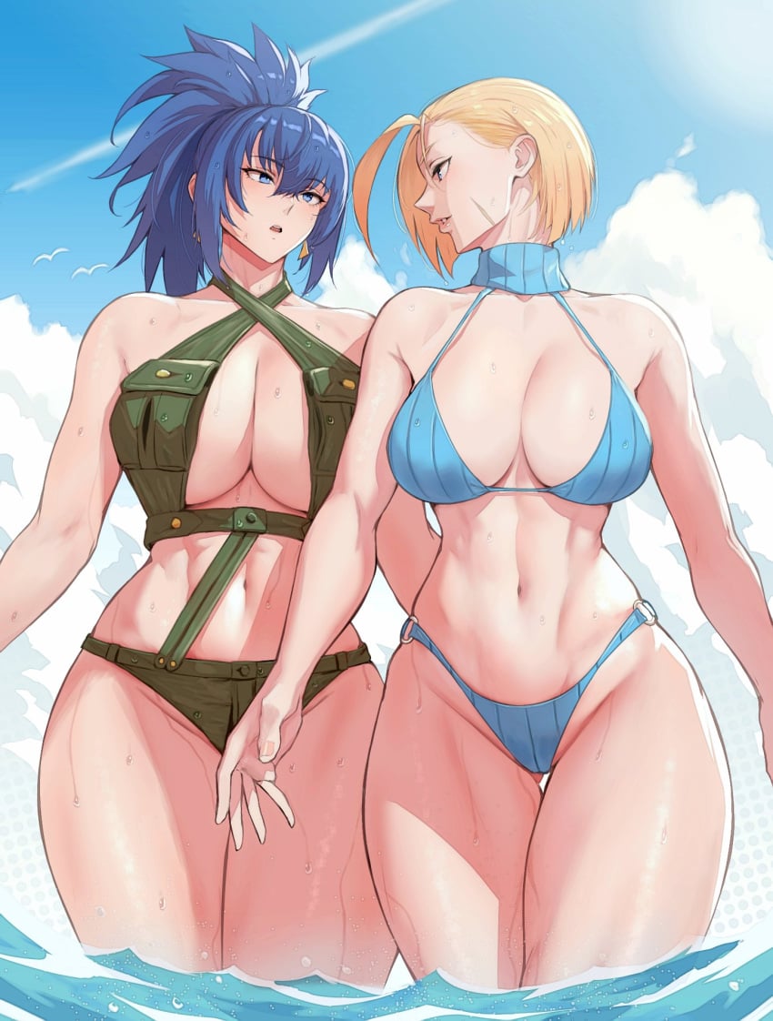 2girls abs anagumasan bikini bird blonde_hair blue_eyes blue_hair breasts cammy_white cloud cloudy_sky cross-laced_clothes crossover curvaceous curvy earrings female female_only highres jewelry king_of_fighters large_breasts legs leona_heidern multiple_girls navel o-ring o-ring_bottom o-ring_panties ocean panties ponytail scar scar_on_face short_hair sky snk street_fighter suspenders sweatdrop swimsuit tagme thick_thighs underwear water