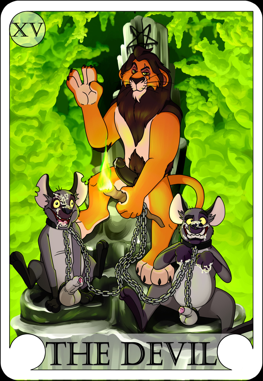 absurd_res anthro balls banzai_(the_lion_king) black_background card chains disney ed_(the_lion_king) felid foreskin genitals hi_res humanoid_genitalia humanoid_penis hyena lion male male_only mammal neenya pantherine penis scar_(the_lion_king) tarot tarot_card the_devil_(tarot) the_lion_king