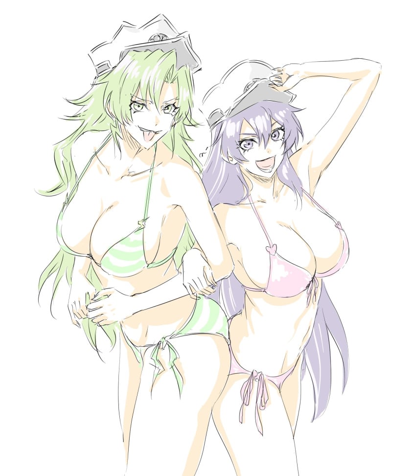 2girls arm_up bambietta_basterbine bare_legs bare_shoulders bikini black_hair bleach bleach:_the_thousand-year_blood_war breasts candice_catnipp green_eyes green_hair hand_on_headwear hat highres large_breasts locked_arms long_hair military_hat mitsugu multiple_girls navel open_mouth pink_bikini purple_eyes quincy side-tie_bikini_bottom smile sternritter striped striped_bikini swimsuit tagme thighs tongue tongue_out white_background