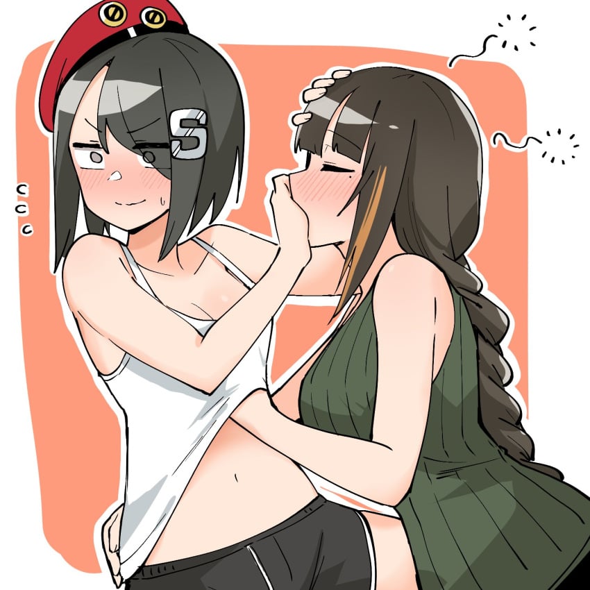 2girls alternate_costume beret black_hair blush braid breasts closed_eyes commentary drunk female_commander_(girls'_frontline) girls'_frontline hand_on_another's_face hand_on_another's_head hand_on_another's_hip hand_under_clothes hat highres junsuina_fujunbutsu large_breasts long_hair looking_away m16a1_(girls'_frontline) medium_breasts mole mole_under_eye multiple_girls pushing_away rejected_kiss short_hair short_shorts shorts single_braid sleeveless sweat tank_top yuri