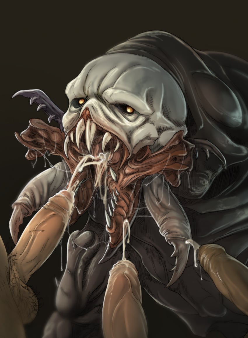 ambiguous_gender animal_humanoid arthropod arthropod_humanoid balls bodily_fluids bow_experiment_(resident_evil) capcom creepy_gun cum cum_drip cum_in_mouth cum_inside cum_on_mandibles dripping gangbang genital_fluids genitals glowing glowing_eyes group group_sex hi_res human humanoid humanoid_genitalia humanoid_penis insects las_plagas_host_(resident_evil) male male/ambiguous mammal mandibles monster monstrous_humanoid nightmare_waifu open_mouth oral penis resident_evil saliva saliva_string sex sharp_teeth teeth verdugo_(resident_evil)