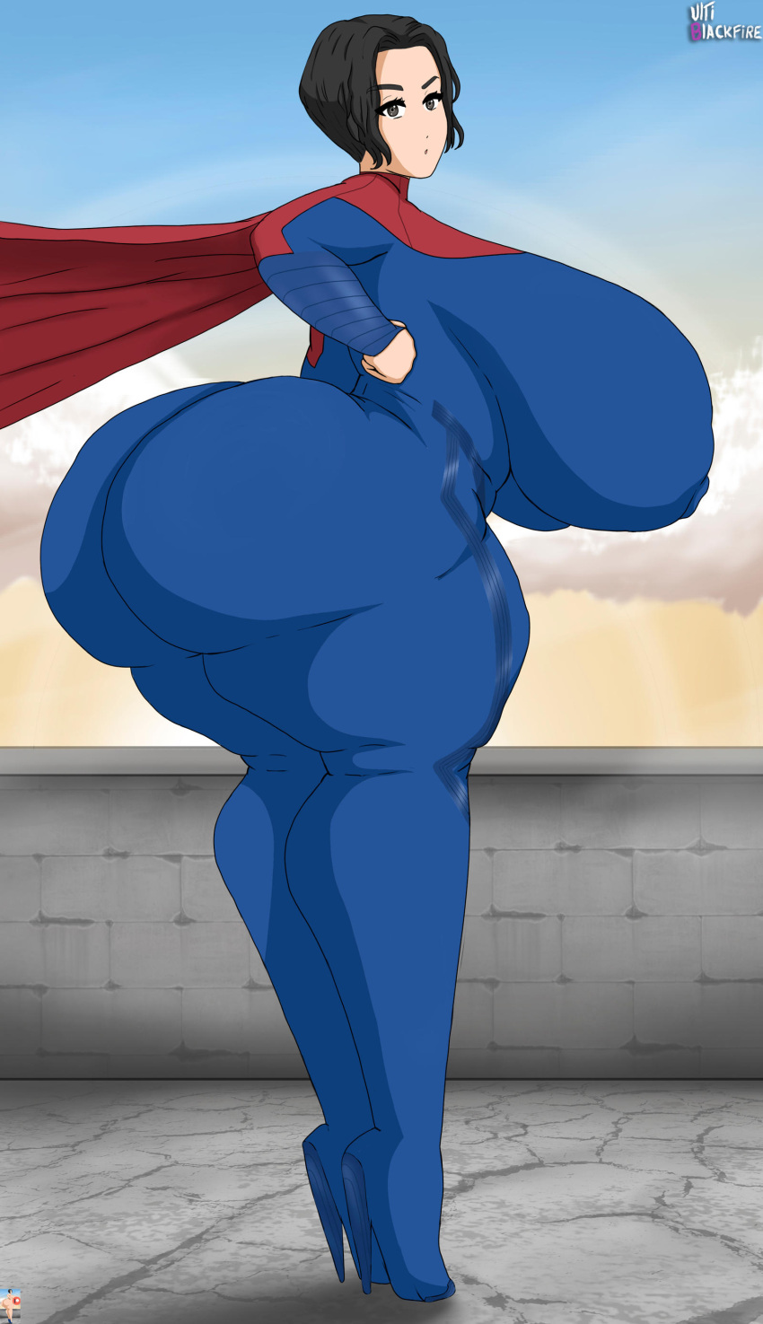 1girls big_breasts big_butt big_nipples black_hair cape dc dc_comics female_focus female_only high_heels huge_ass huge_breasts looking_at_viewer nipples_visible_through_clothing sasha_calle short_hair solo supergirl supergirl_(dceu) supergirl_(sasha_calle) superheroine tagme thick thick_thighs ultiblackfire voluptuous