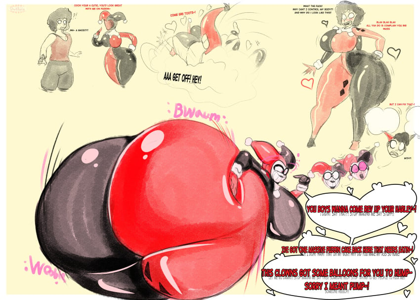 ass_expansion batman_(series) bimbofication bodysuit breast_expansion comic dc dc_comics dialogue english_text gender_transformation gigantic_ass harley_quinn harley_quinn_(classic) harley_quinn_(cosplay) inner_thoughts living_suit massive_breasts mtf_transformation possession sharkbubble solo speech_bubble takeover text transformation trapped_in_clothing white_makeup