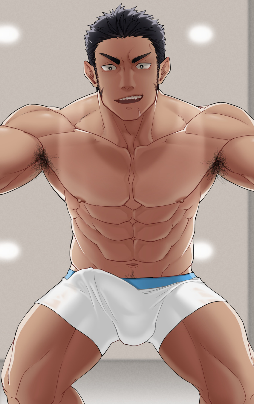 1boy 2022 armpit_hair bara barazoku bulge erection_under_clothes gay hi_res highres looking_at_viewer male male_focus male_nipples male_only manly muscular_male nipples osmond penis_outline solo solo_male underwear yaoi