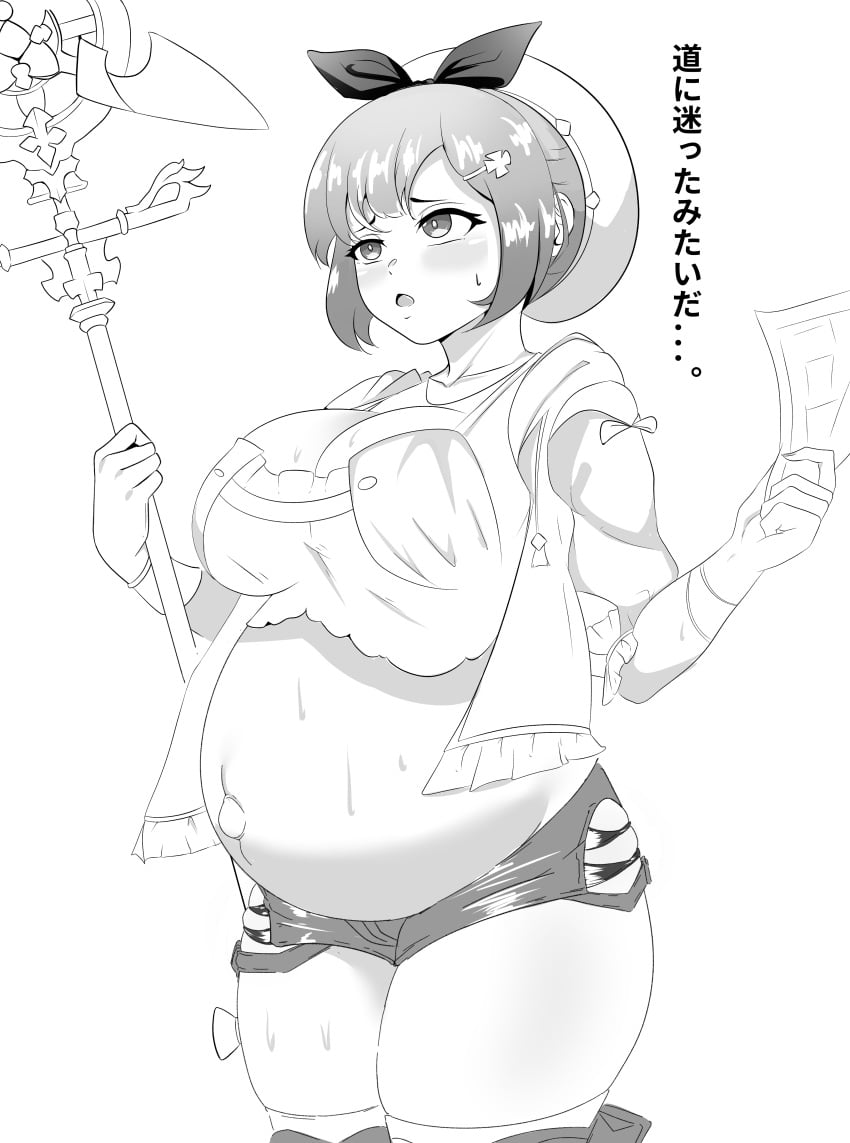 1girls atelier_(series) atelier_ryza big_belly blush breasts greyscale large_breasts monochrome open_mouth palitexx pregnancy pregnant pregnant_belly pregnant_female reisalin_stout solo stomach sweat sweatdrop tagme thick_thighs thighs