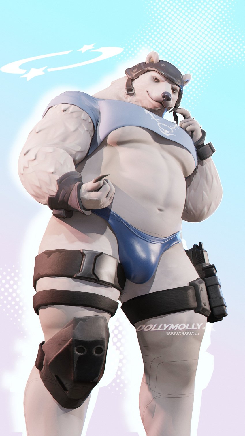 1boy 2023 3d 3d_(artwork) abs absurd_res anthro arca_(musician) armor barazoku bear biceps biped black_nose bulge clothing crop_top digital_media_(artwork) dollymolly323 epic_games fortnite fur gay gun headgear helmet hi_res holster low-angle_view male male_only mammal muscular muscular_anthro muscular_male navel pecs polar_bear polar_patroller ranged_weapon shirt smile solo thong topwear underwear ursine weapon white_body white_fur