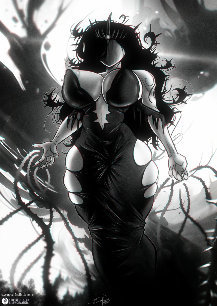 1girls anafabula black_and_white black_crown black_dress bluewolfartista clothed crown dress female female_focus female_only no_face partially_visible_nipples scp scp-2747 scp_foundation spirals tagme thorns