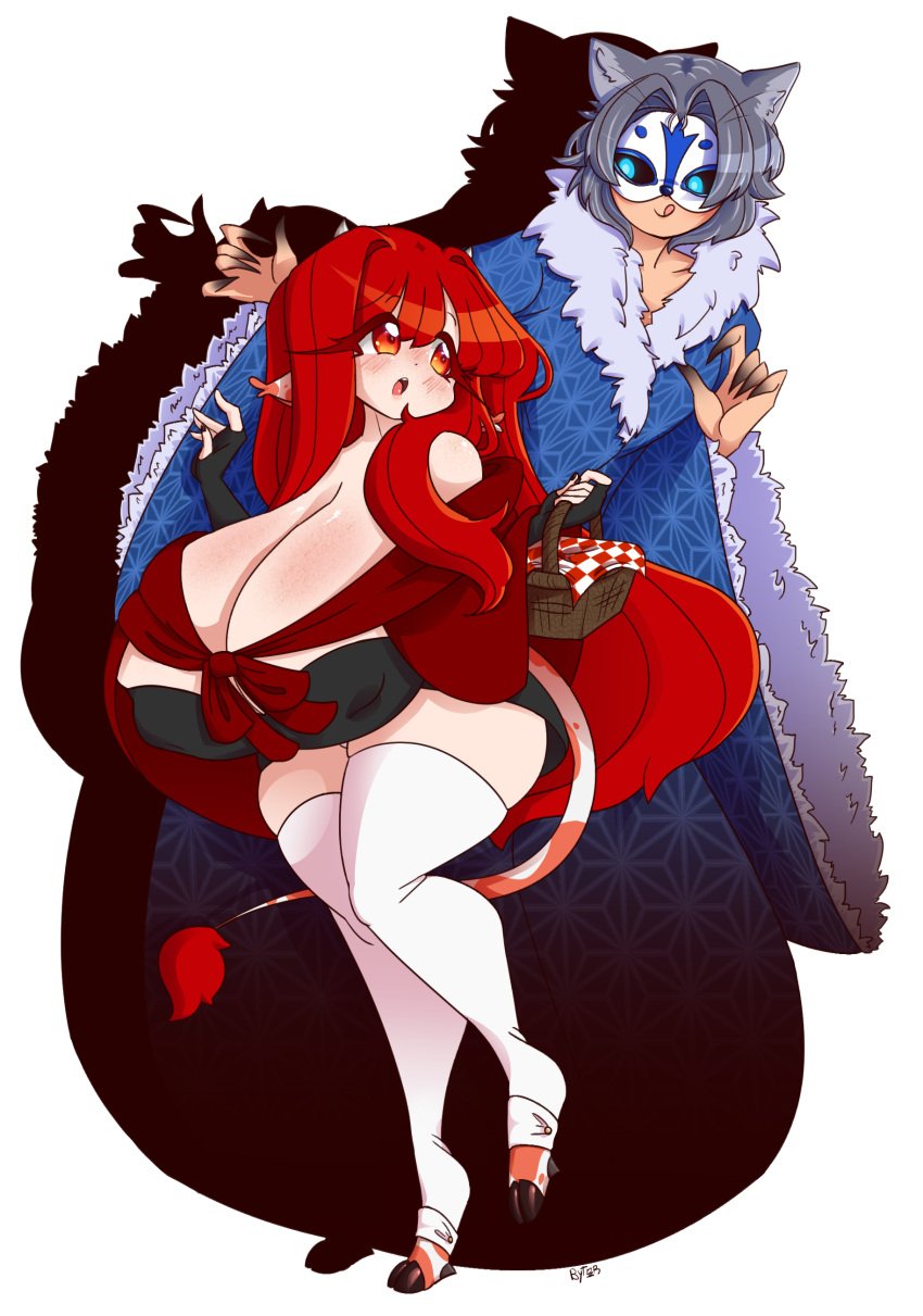 1boy 1girls akai_(byternomar) big_bad_wolf blush byternomar cow_girl female fox hooves horns huge_breasts imminent_sex large_breasts larger_male male newgrounds_username nipple_bulge red_hair red_riding_hood smaller_female smiling tagme thick_thighs thigh_highs white_stockings