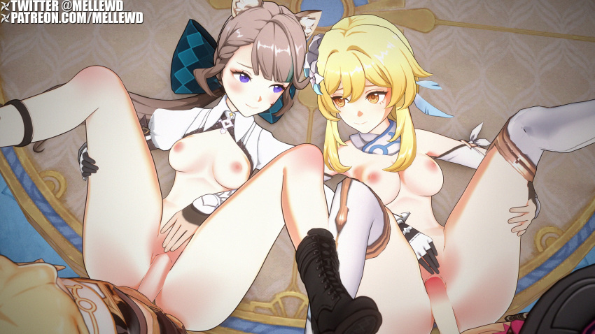 2boys 2girls 3d aether_(genshin_impact) blonde_hair blush brown_hair cat_ears catgirl clothing exposed_breasts female female_focus female_penetrated genshin_impact gloves hair_ornament hoyoverse light-skinned_female light_skin looking_at_another lumine_(genshin_impact) lynette_(genshin_impact) lyney_(genshin_impact) male male/female male_penetrating medium_breasts mellewd mihoyo mostly_nude mostly_nude_female nipples orange_eyes pale-skinned_female pale_skin penetration penis pink_nipples purple_eyes pussy sex shoes sibling_swap smile straight vaginal vaginal_penetration