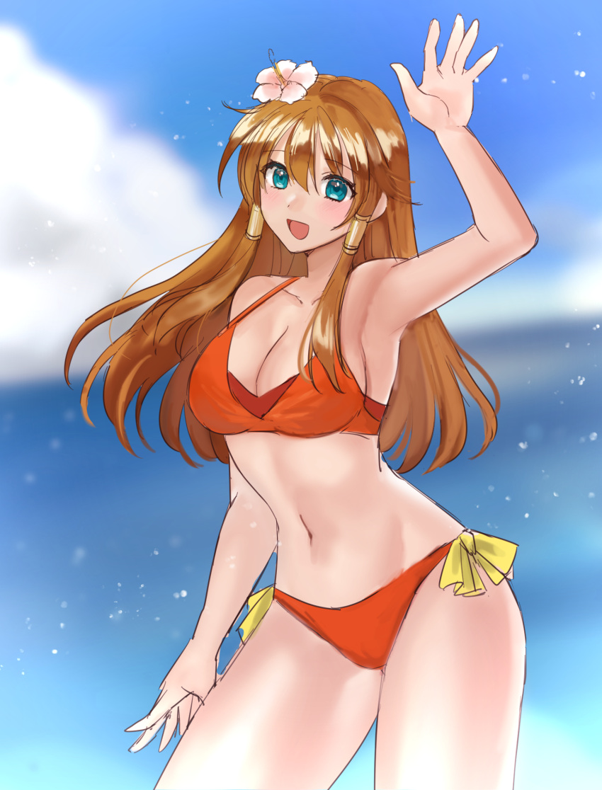 1girls alternate_costume bikini breasts brown_hair cleavage cloud female female female_only fire_emblem fire_emblem:_radiant_dawn flower green_eyes hair_flower hair_ornament hand_up hazuki_(nyorosuke) highres large_breasts long_hair looking_at_viewer mist_(fire_emblem) navel nintendo ocean open_mouth orange_bikini orange_swimsuit outdoors red_bikini sky swimsuit waving waving_arms