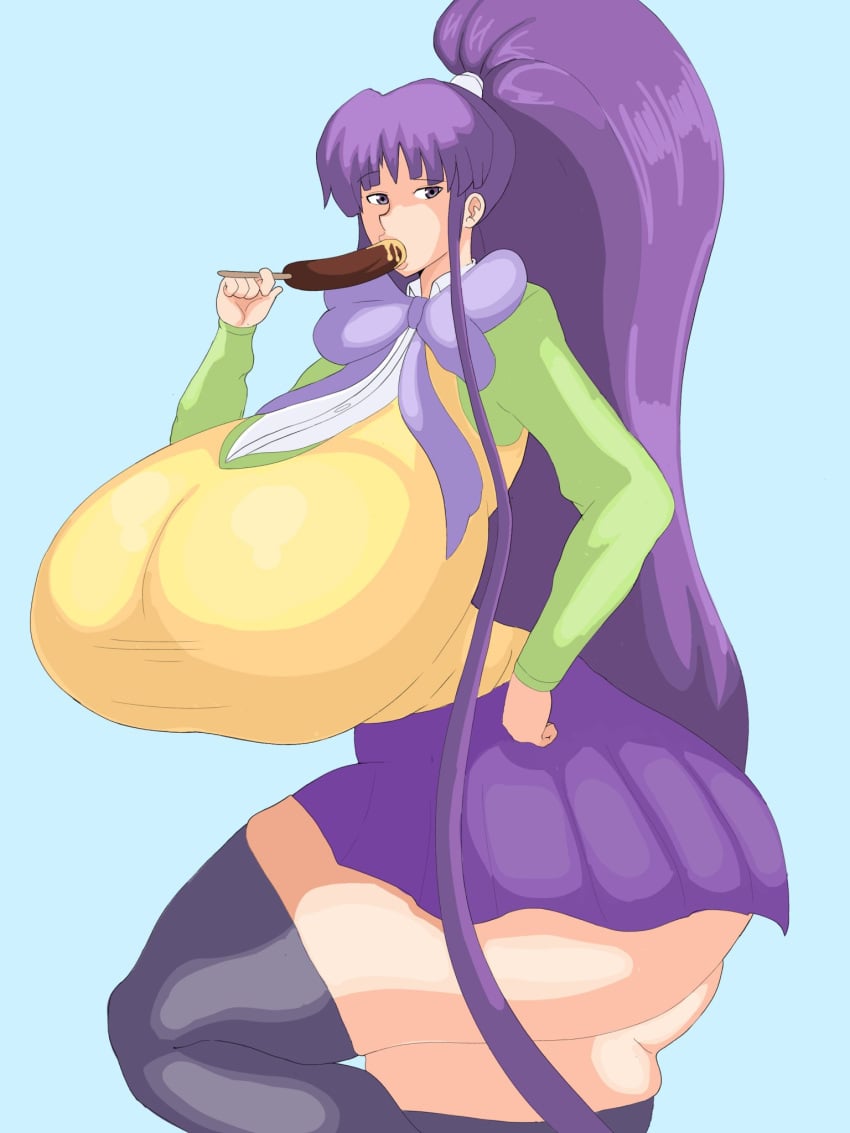 1girls chocolate_banana eiken gigantic_ass gigantic_breasts kirika_misono light-skinned_female long_hair no_panties ponytail purple_hair school_uniform sexually_suggestive skirt tagme thick_thighs thighhighs