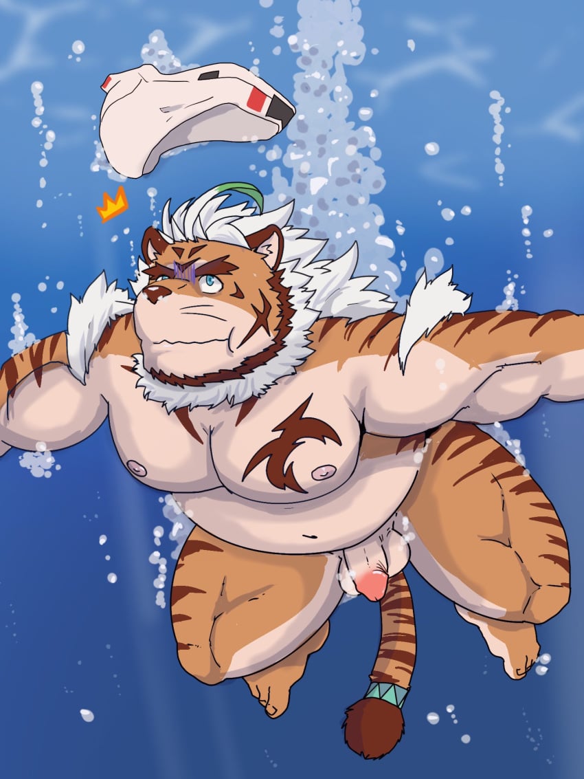 anthro balls beard bubble chest_markings clothing erection facial_hair felid fully_submerged fur genitals hair hi_res hombre_tigre_(tokyo_afterschool_summoners) ilan1985 lifewonders male male/male mammal markings multicolored_body multicolored_fur musclegut muscular muscular_anthro muscular_male navel nipples nude orange_body orange_fur pantherine pecs penis solo speedo striped_body striped_fur stripes swimming swimwear tiger tokyo_afterschool_summoners underwater wardrobe_malfunction water white_body white_fur white_hair