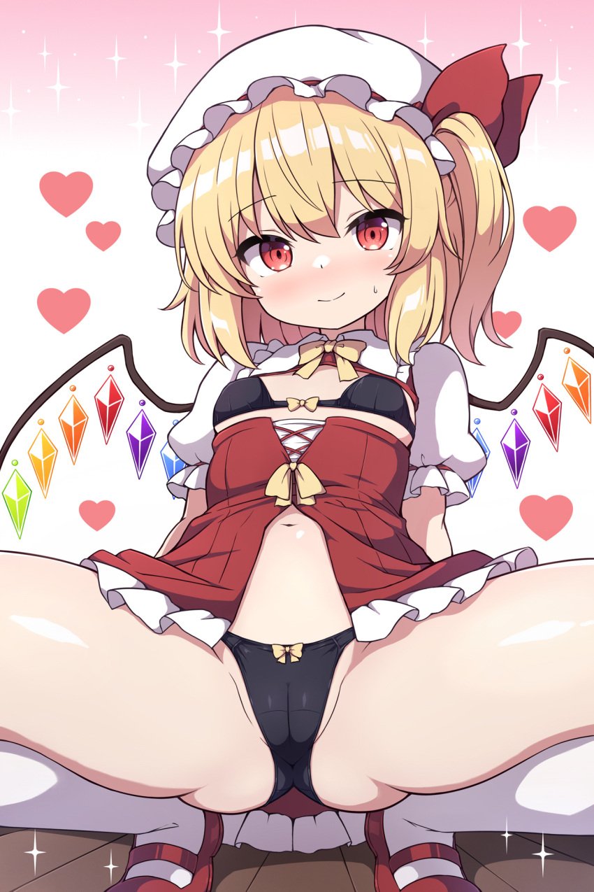 black_bra black_panties blonde bra cap flandre_scarlet mob_cap panties red_eyes ribbon rizento shirt_pull shoes short_sleeves side_ponytail spread_legs squatting stockings the_embodiment_of_scarlet_devil touhou wings