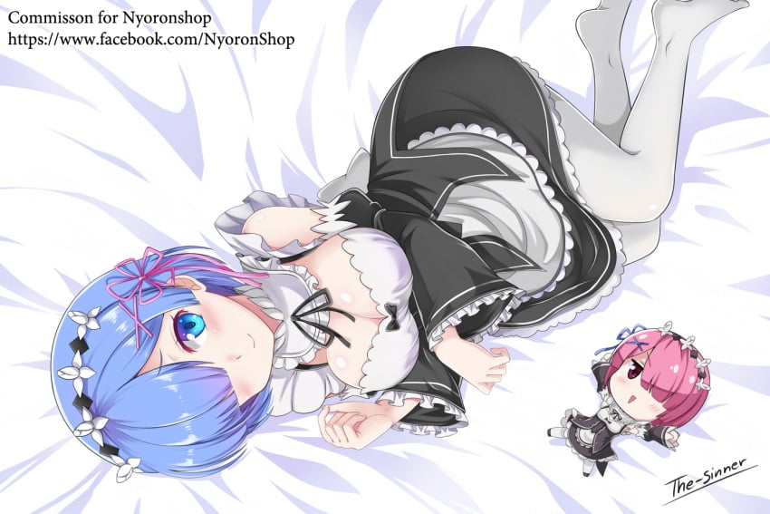 10s 2016 2girls artist_name bare_shoulders bed_sheet blue_eyes blue_hair blush breasts cleavage commission dakimakura female full_body hair_ornament hair_ribbon large_breasts light-skinned_female light_skin looking_at_viewer maid maid_headdress matching_hair/eyes multiple_girls pink_eyes pink_hair ram_(re:zero) re:zero_kara_hajimeru_isekai_seikatsu rem_(re:zero) ribbon roswaal_mansion_maid_uniform short_hair siblings sisters smile teenage_girl teenager the-sinnerz thighhighs twins x_hair_ornament