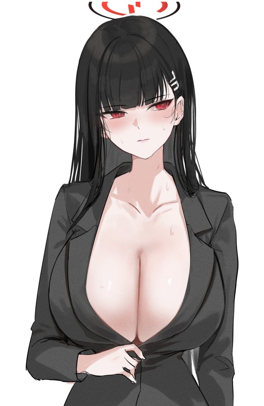 blue_archive cleavage embarrassed huge_breasts looking_away millennium_science_school_student open_shirt opening_shirt rio_(blue_archive) seminar_(blue_archive) slender_waist upper_body white_background