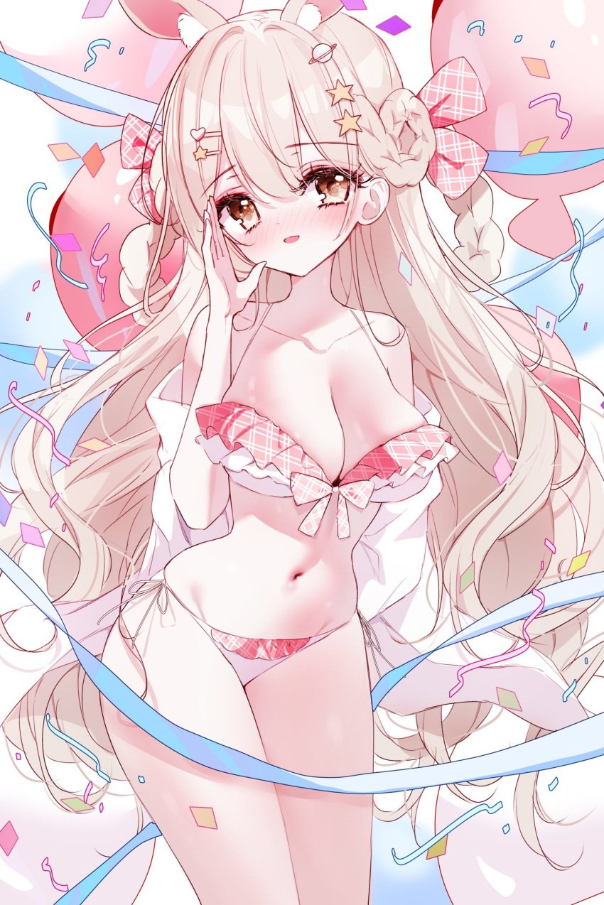 balloon braid braided_hair bunny_ears confetti frilled_bikini hairbow large_breasts light_brown_eyes light_brown_hair skinny slender_waist smile tandohark very_long_hair whispering