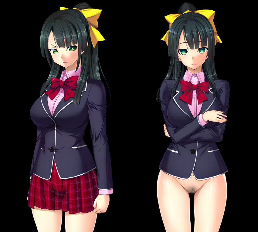 1girls angry before_and_after black_hair brainwashing empty_eyes green_eyes half_naked hypnosis looking_at_viewer mind_control no_panties oosaki_shin'ya personality_change pubic_hair ribbon saimin_gakuen_1-nensei saimin_gakuen_2-nensei saimin_gakuen_3-nensei school_uniform short_skirt skirt_removed tagme