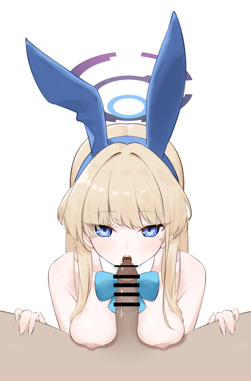 1boy absurdres animal_ears bar_censor blonde_hair blue_archive blue_bow blue_bowtie blue_eyes blunt_bangs bow bowtie breasts censored cleaning_&_clearing_(blue_archive) commentary detached_collar dongye1551 fake_animal_ears female halo highres imminent_fellatio looking_at_viewer mechanical_halo medium_breasts millennium_science_school_student nipples official_alternate_costume open_mouth penis rabbit_ears sidelocks simple_background straight toki_(blue_archive) toki_(bunny)_(blue_archive) white_background