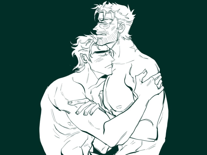 2boys gay grandfather_and_grandson incest joestar_birthmark jojo's_bizarre_adventure joseph_joestar jotaro_kujo male male/male male_only monochrome muscular_male old_joseph older_male shirtless_male stardust_crusaders yaoi younger_male