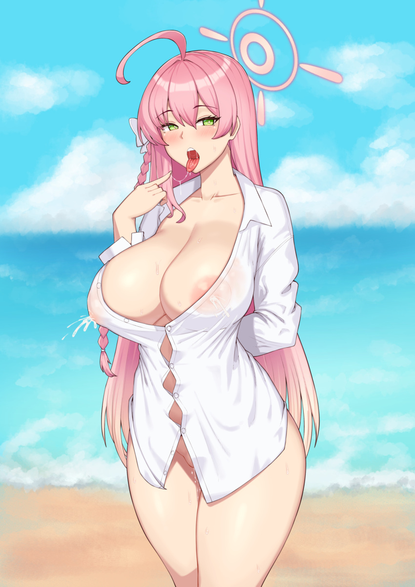 1girls beach big_breasts blue_archive breasts busty cleavage curvaceous curvy curvy_body curvy_female curvy_figure female green_eyes hanako_(blue_archive) hanako_(swimsuit)_(blue_archive) huge_breasts large_breasts long_hair naughty_face nipples nipples_visible_through_clothing pink_hair seductive_mouth tongue tongue_out trinity_general_school_student voluptuous white_shirt zb_(xucz8527)