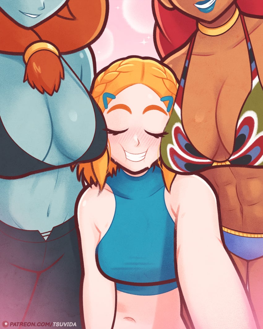 3girls alternate_version_available between_breasts bikini bikini_bottom bikini_top blue_lipstick blush breath_of_the_wild closed_eyes clothed female female_only gerudo midna multiple_girls muscular_female princess_zelda smile tears_of_the_kingdom the_legend_of_zelda the_legend_of_zelda:_breath_of_the_wild the_legend_of_zelda:_twilight_princess tsuvida twili twili_midna twilight_princess urbosa yuri zelda_(tears_of_the_kingdom)