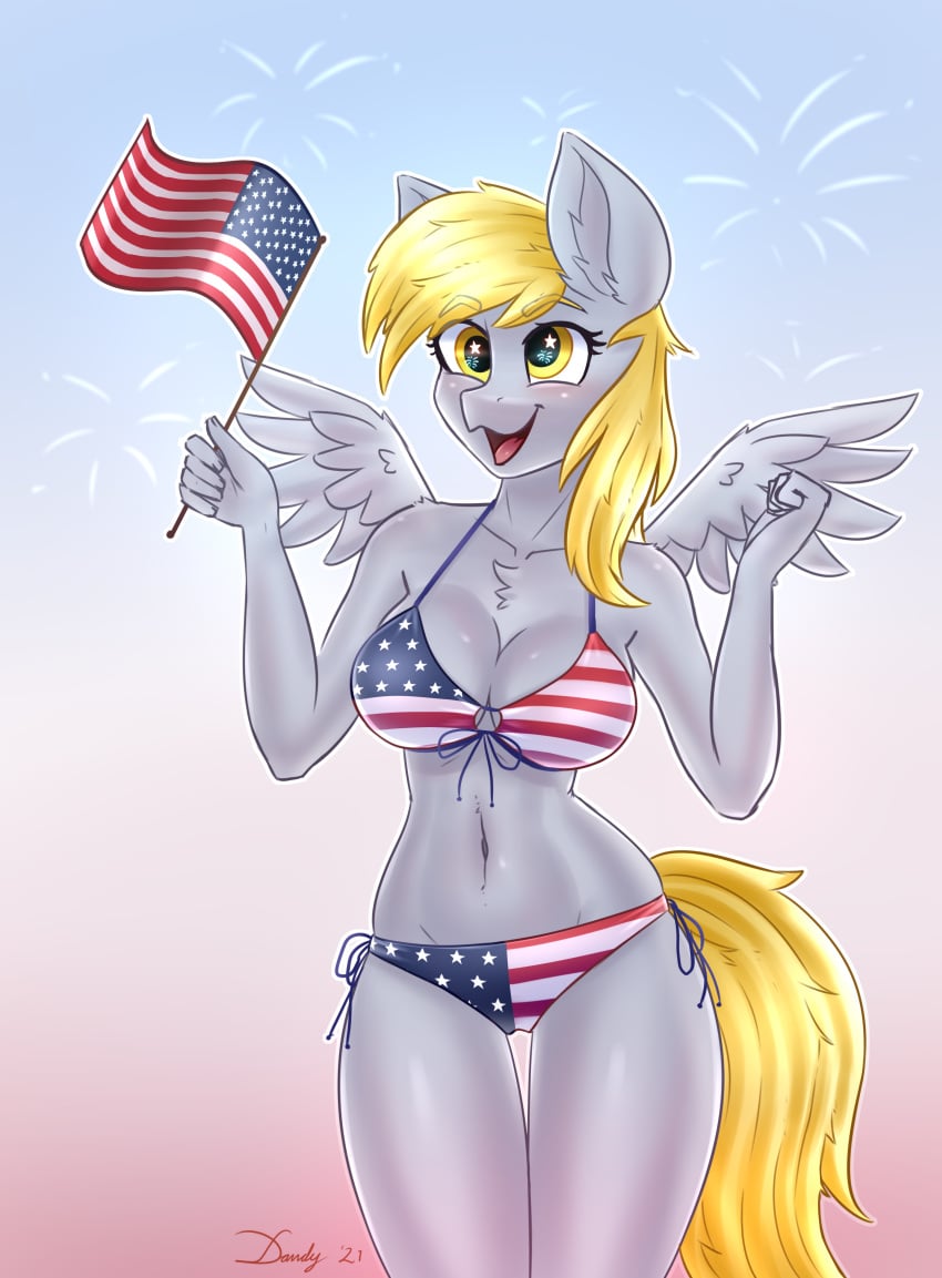 2021 4th_of_july absurd_res alternate_version_available american_flag_bikini anthro bikini blonde_hair breasts chest_tuft cleavage clothed clothing dandy_(artist) derpy_hooves equid equine eyebrow_through_hair eyebrows eyelashes female flag flag_(object) flag_bikini flag_clothing flag_print flag_swimwear friendship_is_magic fur grey_body grey_fur hair hasbro hi_res holding_flag holding_object long_hair mammal my_little_pony pegasus print_bikini print_clothing print_swimwear side-tie_bikini side-tie_clothing solo stars_and_stripes string_bikini swimwear tail thigh_gap tied_bikini tied_clothing translucent translucent_hair tuft united_states_of_america wings yellow_eyes yellow_tail