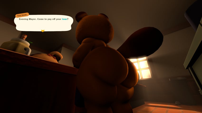 3d aidenz animal_crossing anthro bent_over bent_over_table big_ass big_butt bubble_ass bubble_butt huge_ass huge_butt looking_away male nintendo sfm shortstack showing_ass source_filmmaker talking_to_viewer tanuki text text_box tom_nook uncle_aiden