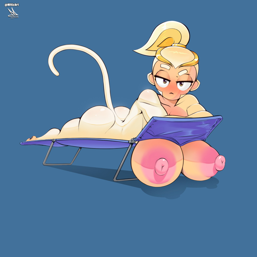 1girls adora_(bloons_tower_defense) anthro ass beach_chair bloons_tower_defense blush breasts bubble_butt erect_nipples female female_only huge_breasts large_breasts mitiz-art monkey monkey_girl nipples primate stuck_in_object white_fur