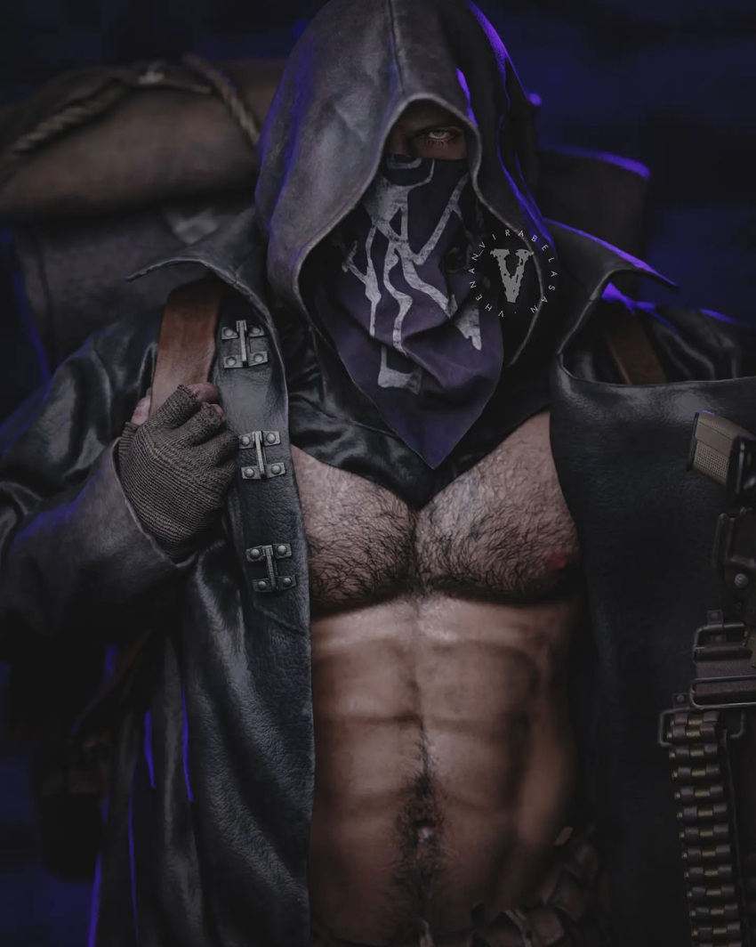 1boy 2023 3d bara barazoku capcom clothing coat gay hairy_chest hood looking_at_viewer male male_focus male_nipples male_only manly mask masked masked_male merchant merchant_(resident_evil) muscular_male nightmare_husbando nipples red_eyes resident_evil resident_evil_4 resident_evil_4_remake solo solo_male yaoi